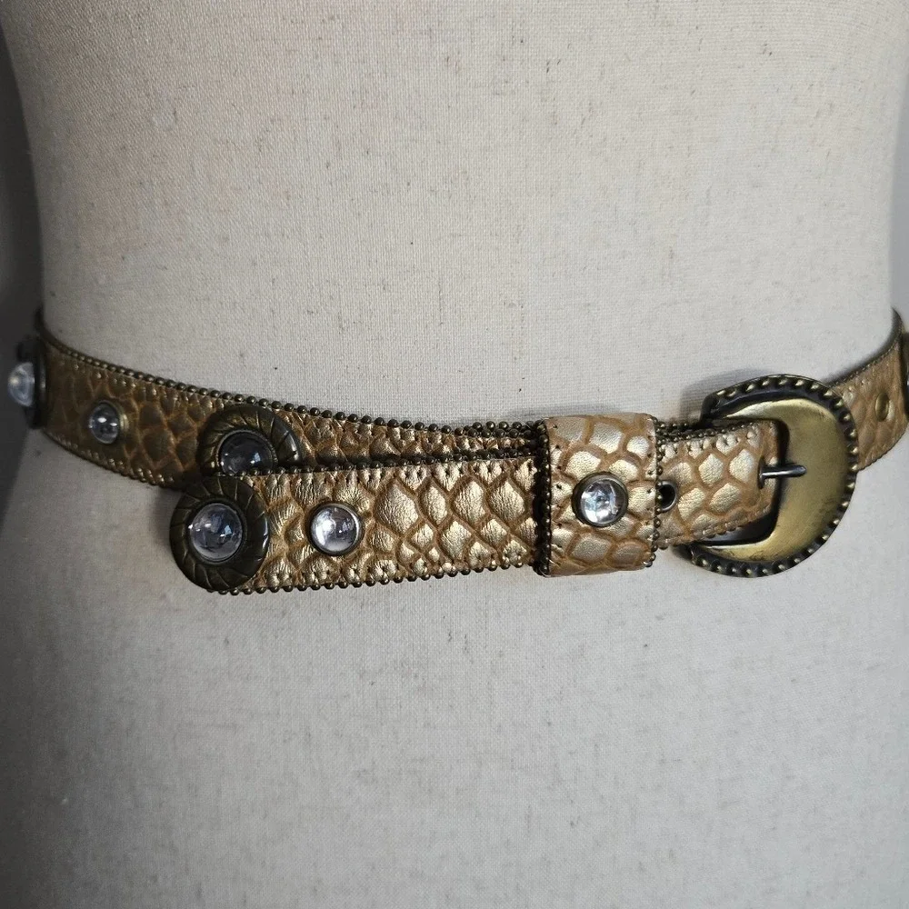 Vintage Gold Embossed Leather Crystal Studded Brass Buckle 80s Glam Belt M/L